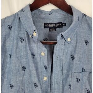 U.S. Polo Assn. Mens XL Blue‎ Polo Player Print Short Sleeve Button Down Shirt